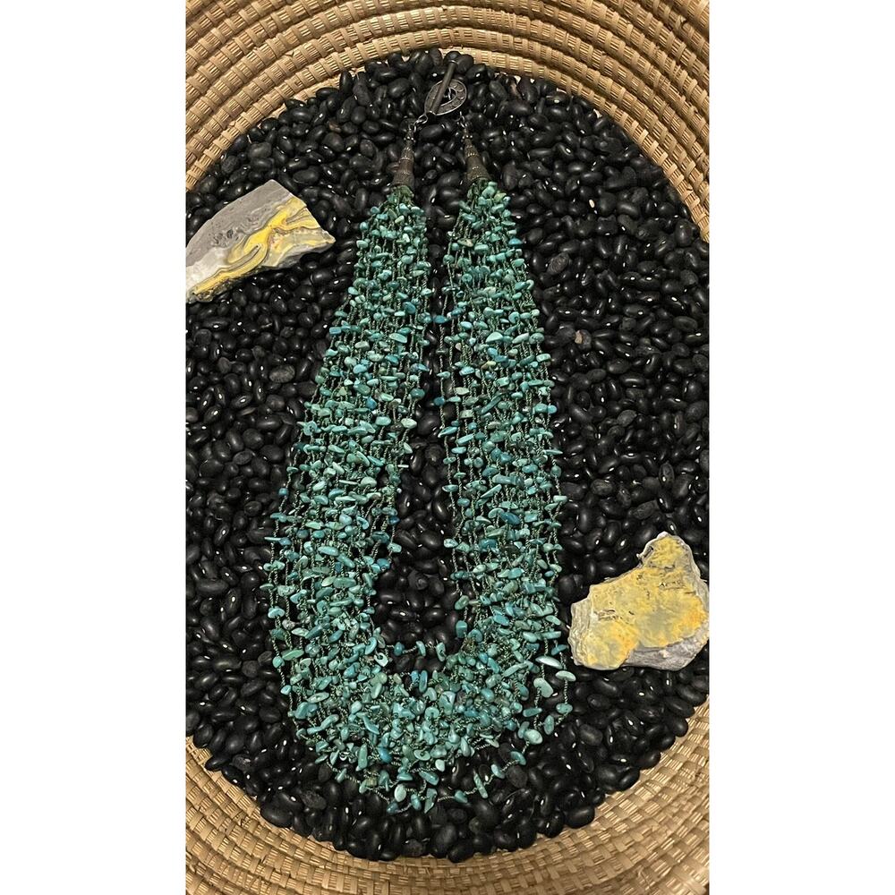 Sterling Silver Layered Multi strand Turquoise Chips Necklace Large Cones Toggle